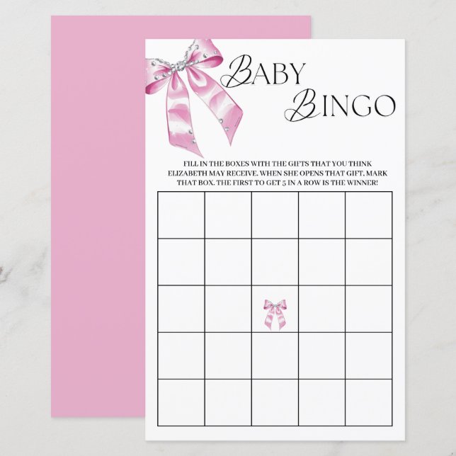 Bingo Baby shower de la coquette diamant rose (Devant / Derrière)