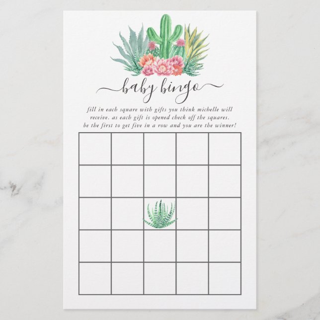 Bingo Baby shower des succulents aquarelles (Devant)