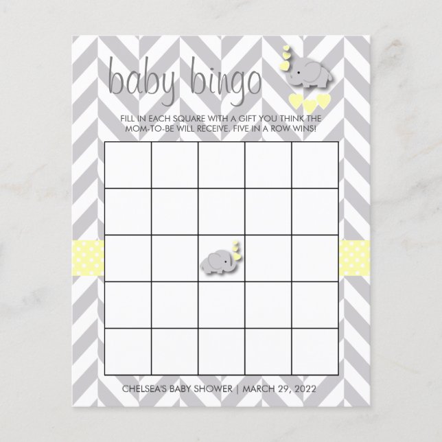 Bingo Baby shower Eléphant Jaune et Gris Douce (Devant)