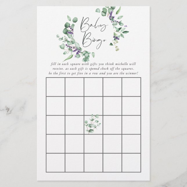 Bingo Baby Shower Eucalyptus Lavande Verdure (Devant)