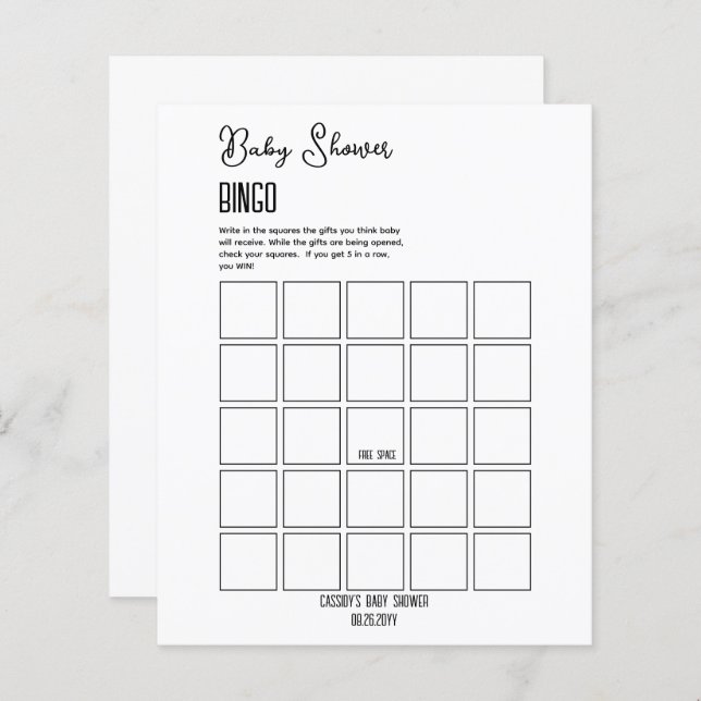 Bingo Baby shower minimaliste (Devant / Derrière)