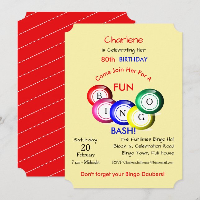 Bingo Bash Thème Amusant Colorful Invitation de la (Devant / Derrière)