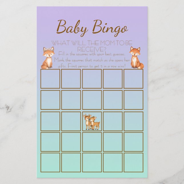 Bingo de Baby Shower d'animaux de la forêt en Viol (Devant)