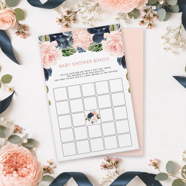 Bingo de Baby Shower Floral Navy Rose (Keep your guests completely engaged and celebrating in style during gift-opening shower bingo game.)