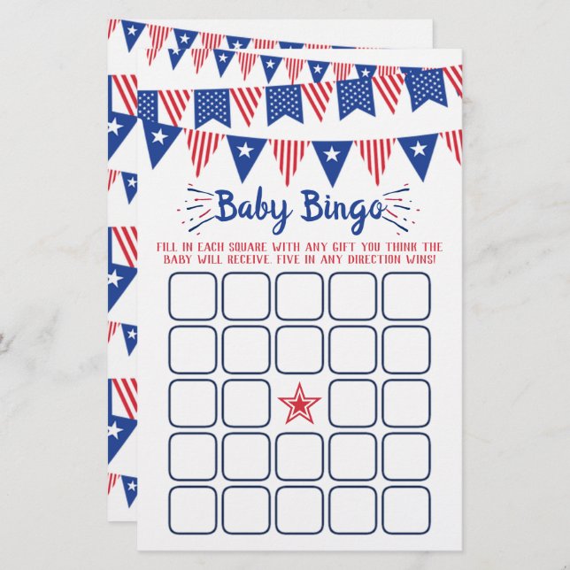 Bingo de Baby shower rouge, blanc et bleu 4 juille (Devant / Derrière)