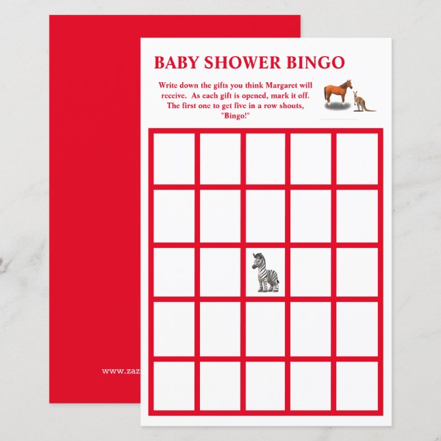 Bingo de Baby Shower sur le thème des Animaux Vari (Devant / Derrière)