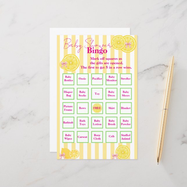 Bingo de Baby Shower "Thème Citron" (Devant/Arrière en situation)