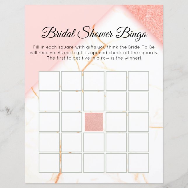 Bingo de mariage moderne en marbre rose et or (Devant)