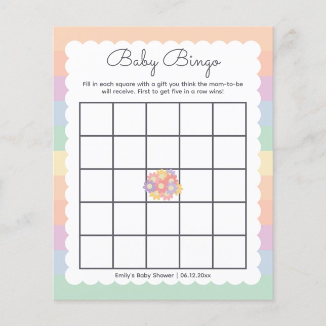 Bingo Fleurs Arc-en-ciel pour Baby Shower Genre Ne (Devant)