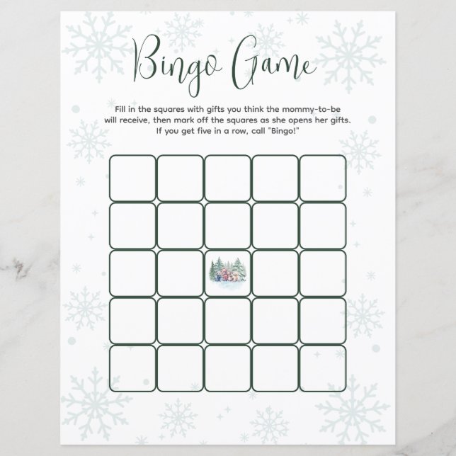 Bingo Jeu hiver Forêt de neige Baby shower animal (Devant)