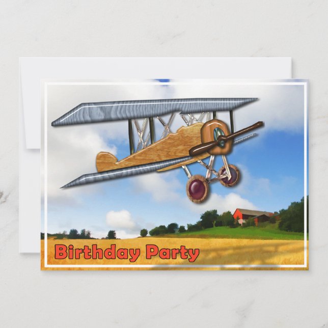 Biplane en bois sur les champs Invitation d'annive (Devant)