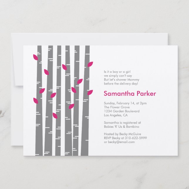 Birch moderne - Invitation Baby shower Fuchsia (Devant)
