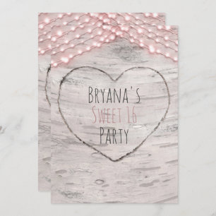 Birch Tree Heart & Pink Lights Sweet 16 Invitation