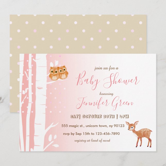 Birch Tree Owl Deer Baby Shower Invitations (Devant / Derrière)