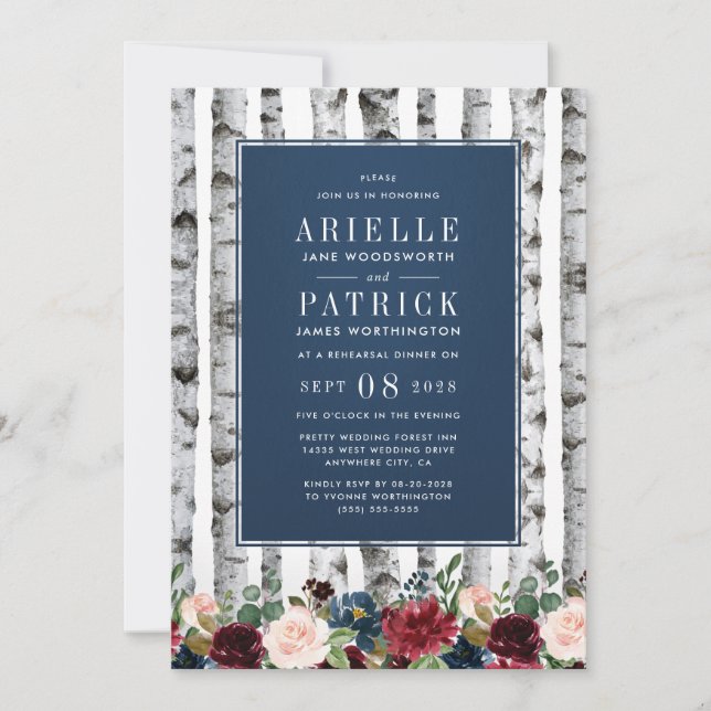 Birch Trees Navy Blue Rehearsal Dîner Invitations (Devant)