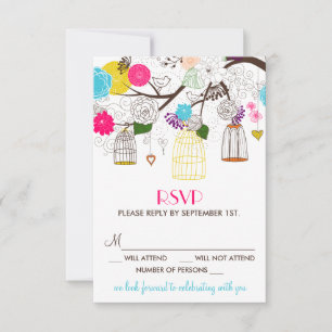 Birdcages colorés et Fleurs Mariage Carte RSVP