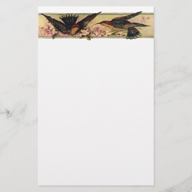 Birds Meeting ~ Papeterie Fleurs roses Vintage (Devant)