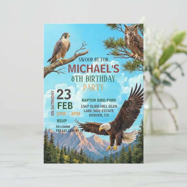 Birds of Prey Birthday Party Invitation (Debout devant)