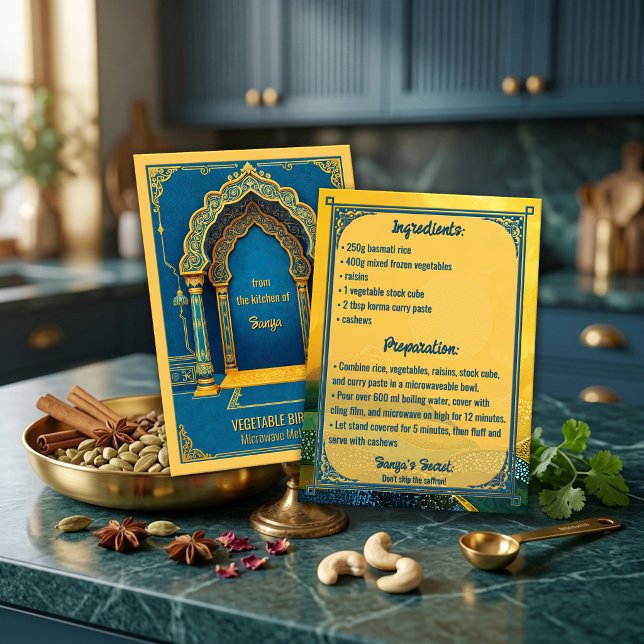 Biriani de légumes Blue Gold Fiche de recette indi (Recipe postcard in traditional Indian style featuring an arch in ornate blue and gold)
