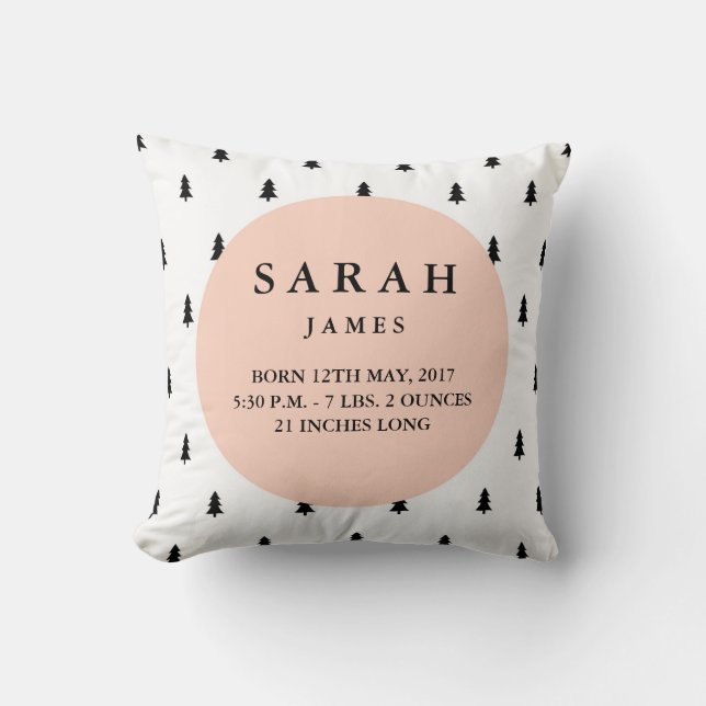 Birth Stats Modern Woodland Nursery Coussin (Recto)