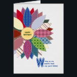 Birthday for friend, stitched flower<br><div class="desc">Birthday card for a friend. A wonderful birthday card for a friend who enjoys sewing. Send you birthday greetings with this beautiful quilted flower. Each petal is a patent different with white stitching. Your quilting friend will love this birthday card. A lovely verse inside completes this birthday card to say...</div>