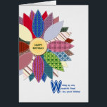 Birthday for friend, stitched flower<br><div class="desc">Birthday card for a friend. A wonderful birthday card for a friend who enjoys sewing. Send you birthday greetings with this beautiful quilted flower. Each petal is a patent different with white stitching. Your quilting friend will love this birthday card. A lovely verse inside completes this birthday card to say...</div>