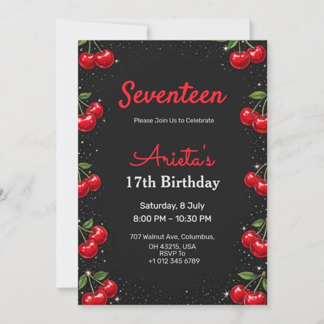 Birthday invitation black back in cherries theme (Devant)