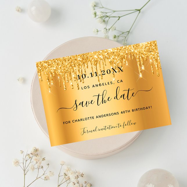 Birthday party gold glitter drips save the date (Créateur téléchargé)