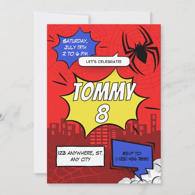 Birthday Party Invitation Comic Spider Theme  (Devant)