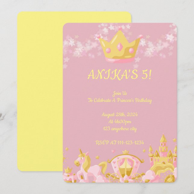 BIRTHDAY PRINCESS INVITATION PEACH COLOR (Devant / Derrière)
