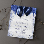 Birthday silver navy blue budget invitation<br><div class="desc">A girly and feminine 18th (or any age) birthday party invitation. On front: A faux silver background. Decorated with navy blue faux glitter drips,  paint dripping look and balloons. Personalize and add a name and party details. The name is written with a hand lettered style script.</div>
