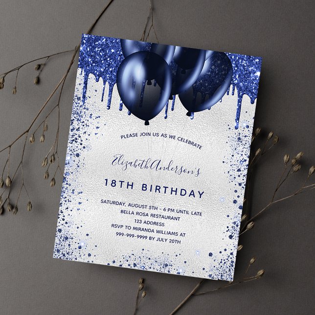 Birthday silver navy blue budget invitation (Créateur téléchargé)