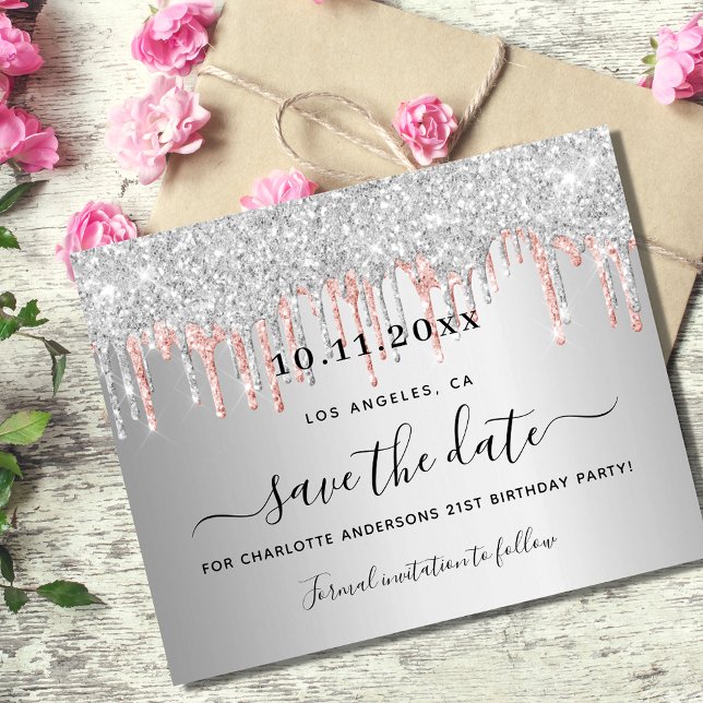 Birthday silver rose gold glitter save the date (Créateur téléchargé)