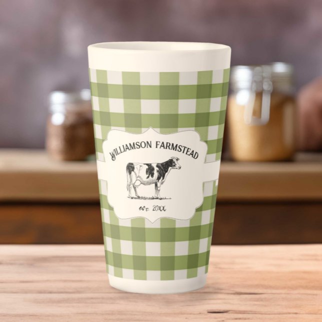 Bison vert Plaid Farm Cow Latte Mug (Green Buffalo Plaid Farm Cow Latte Mug)