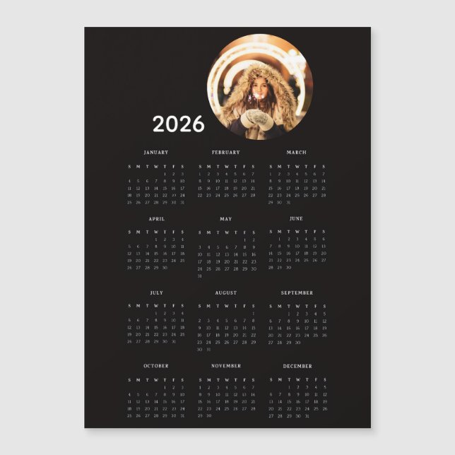 Black 2026 Calendar Round Photo Magnet Card (Devant)