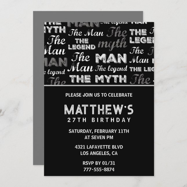 Black 27e anniversaire invitation pour lui Myth Le (Devant / Derrière)