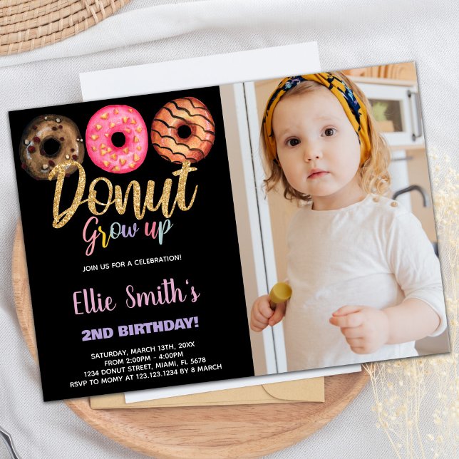 Black 3 Photo Donut Invitations d'anniversaire (Black 3 Photo Donut Birthday Invitations)