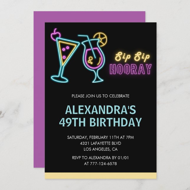 Black 49e anniversaire invitations Cocktail Neon G (Devant / Derrière)