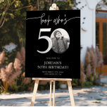 Black 50th Birthday Affiche de bienvenue | Regarde<br><div class="desc">Bienvenue aux invités à votre 50e anniversaire avec ce magnifique panneau de bienvenue modifiable. Doté d'une mise en page élégante et personnalisable, ce modèle vous permet d'ajouter facilement votre propre photo et de personnaliser le texte, ce qui en fait un complément parfait à votre décor de 50ème anniversaire. Idéal pour...</div>