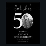 Black 50th Birthday Affiche de bienvenue | Regarde<br><div class="desc">Bienvenue aux invités à votre 50e anniversaire avec ce magnifique panneau de bienvenue modifiable. Doté d'une mise en page élégante et personnalisable, ce modèle vous permet d'ajouter facilement votre propre photo et de personnaliser le texte, ce qui en fait un complément parfait à votre décor de 50ème anniversaire. Idéal pour...</div>