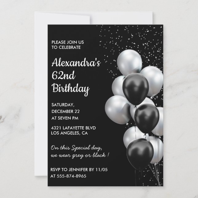 Black 62e anniversaire invitations Ballons Argent (Devant)