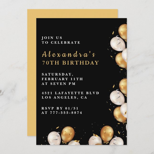 Black 70e anniversaire invitations Gold Balloon (Devant / Derrière)