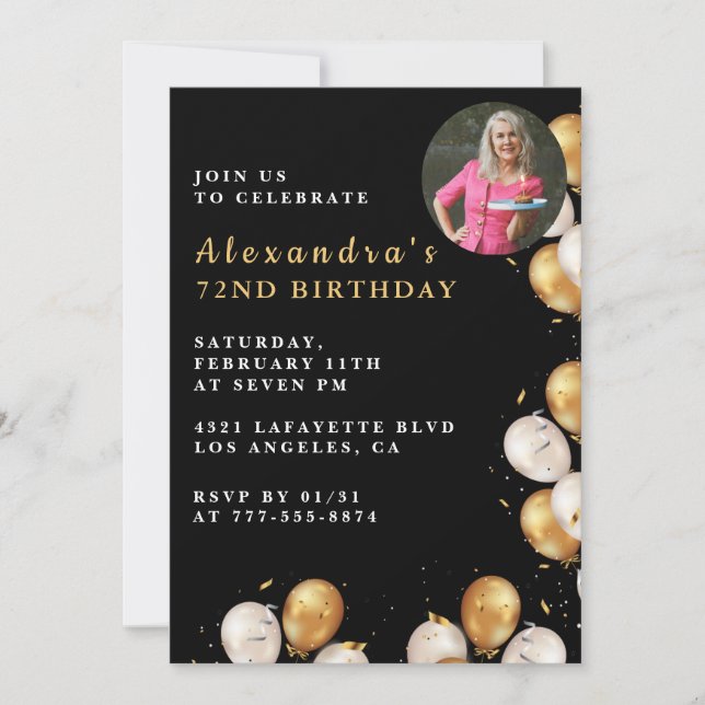Black 72e anniversaire invitation Gold Balloon Pho (Devant)