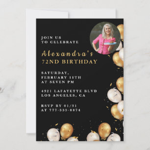 Black 72e anniversaire invitation Gold Balloon Pho