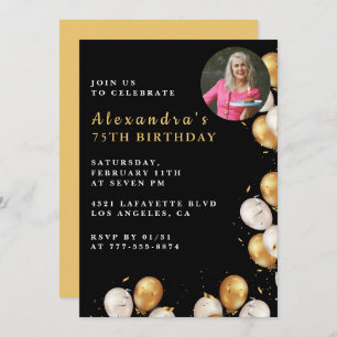 Black 75e anniversaire invitation Gold Balloon Pho