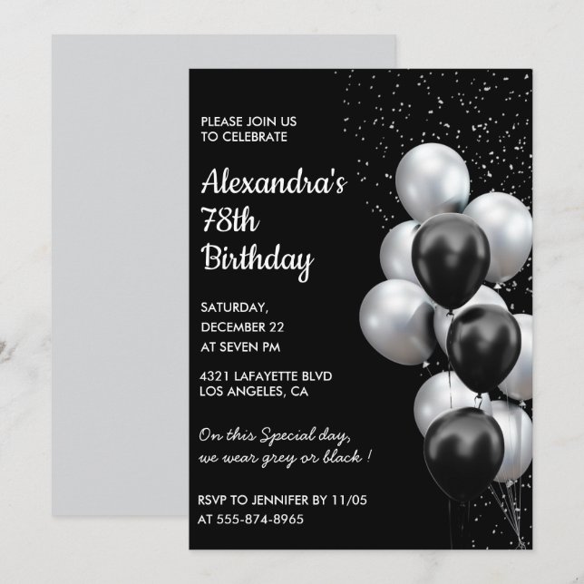 Black 78e anniversaire invitations Ballons Argent (Devant / Derrière)