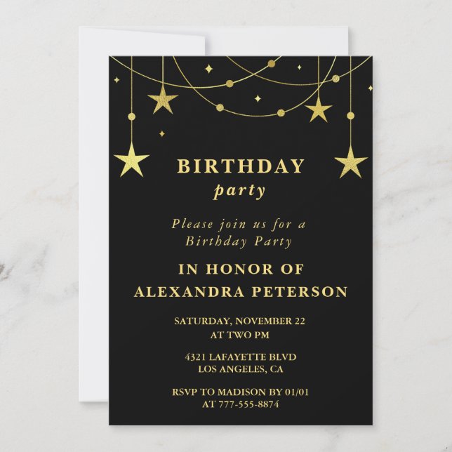 Black 8e anniversaire invitation Gold Stars (Devant)