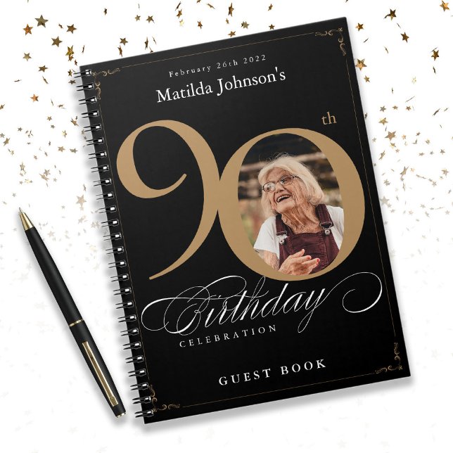 Black 90th Birthday Gold Élégant Script Livre d'or (Black 90th Birthday Gold Elegant Script Guestbook Notebook)