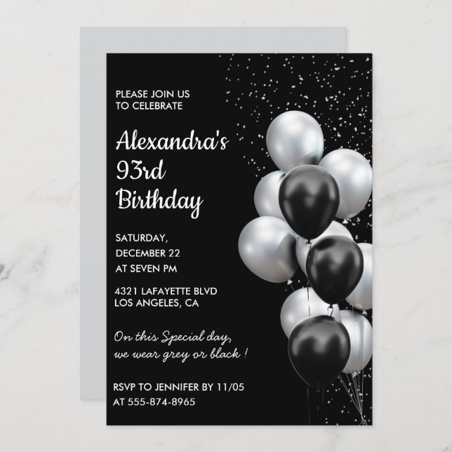 Black 93e anniversaire invitations Ballons Argent (Devant / Derrière)
