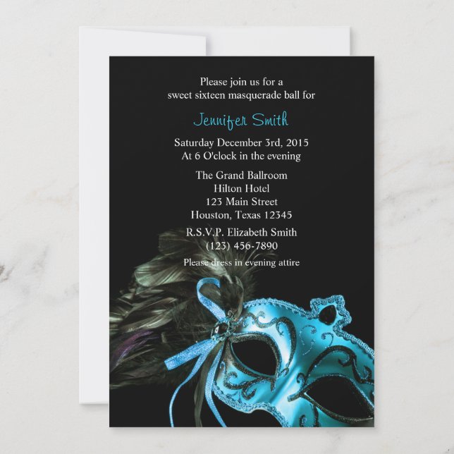 Black and Aqua Masquerade Sweet 16 Ball Invitation (Dos)